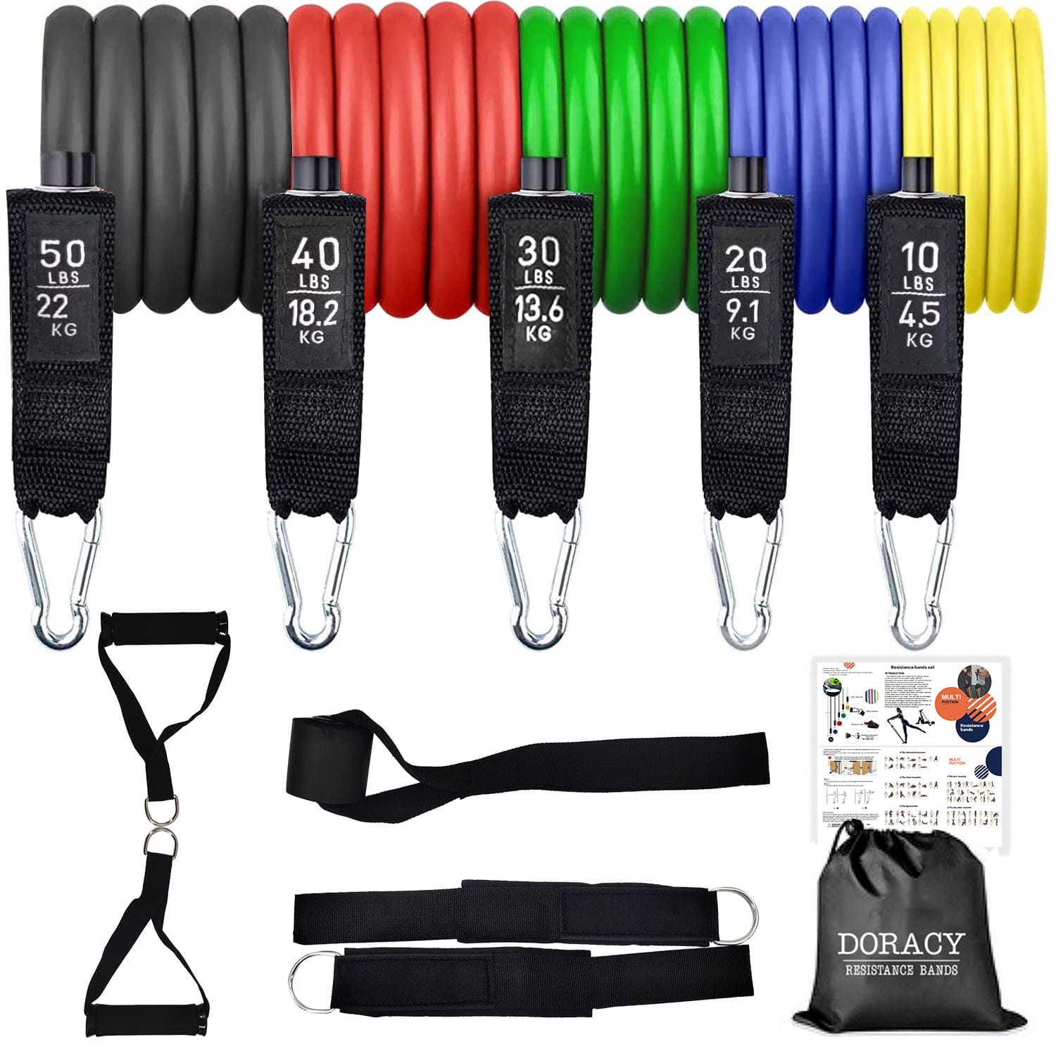 Doracy Exercise Resistance Band Sets 12 pcs, Stackable 5 Training Tubes up to 150 lbs With Comfortable Handles, Ankle Straps, Door Anchor, Carrying Bag, Home and Gym Workout Guide